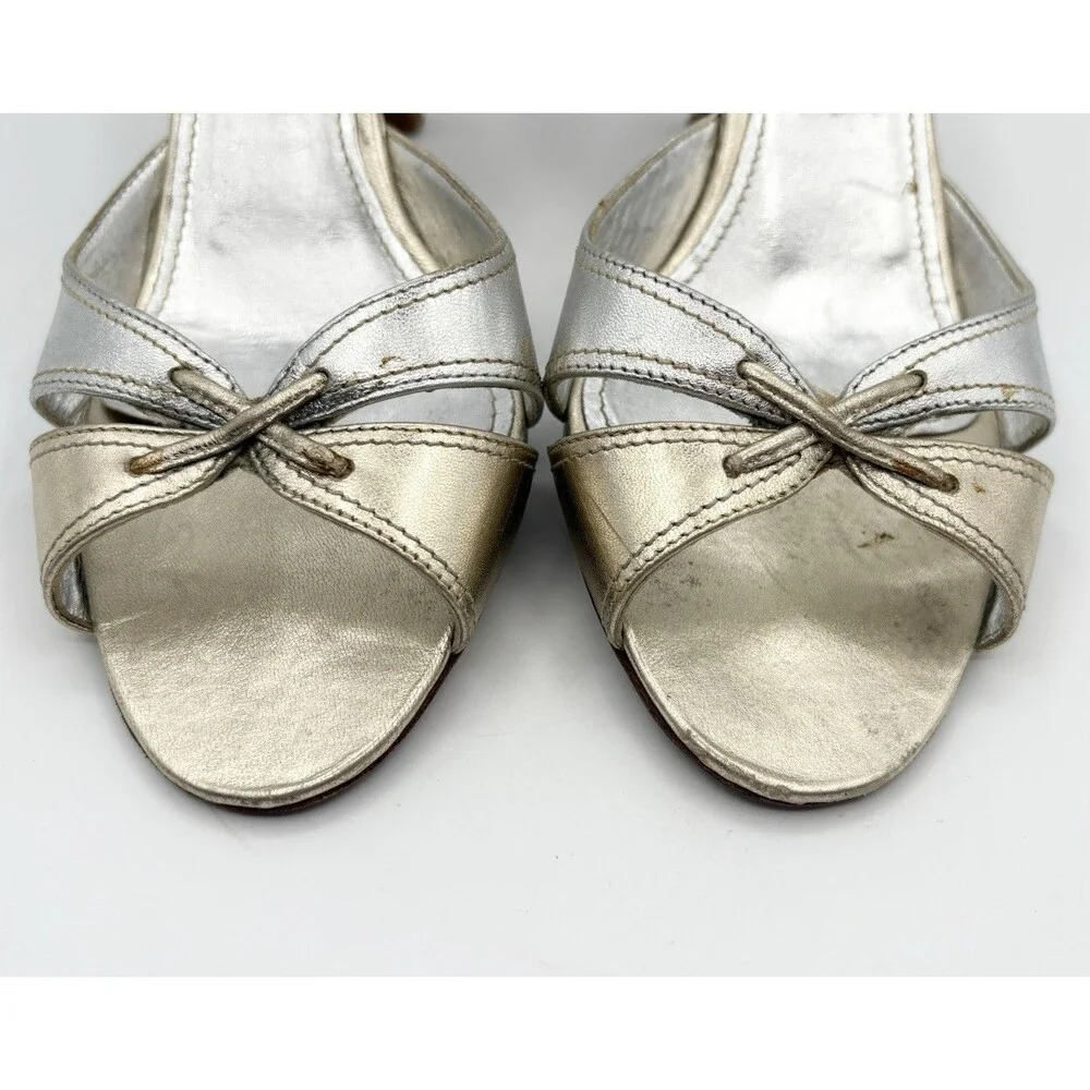 Manolo Blahnik Silver & Gold Metallic Kitten Heel Mules Vintage Size EU 35.5